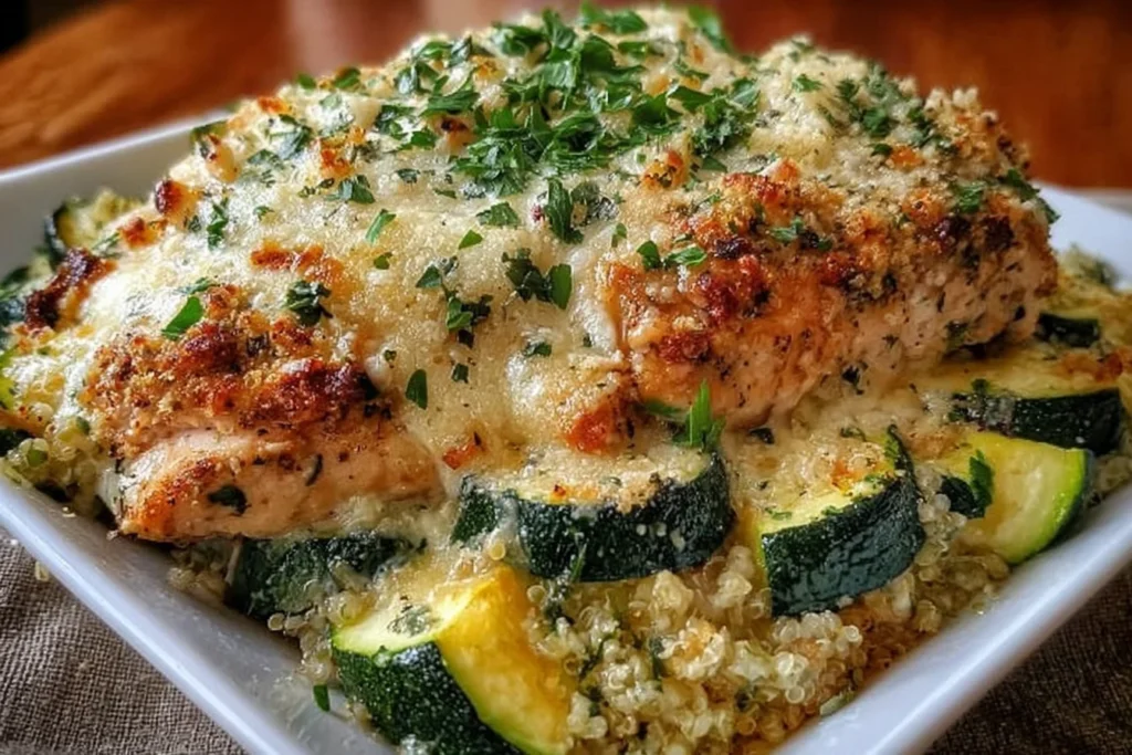 High Protein Chicken Zucchini Bake in a white dish with cheesy golden topping, quinoa, tender chicken, and sliced zucchini, garnished with fresh parsley.