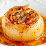 Onion Boil (Viral TikTok Recipe) roasted sweet onion in Cajun butter sauce, tender caramelized layers topped with parsley