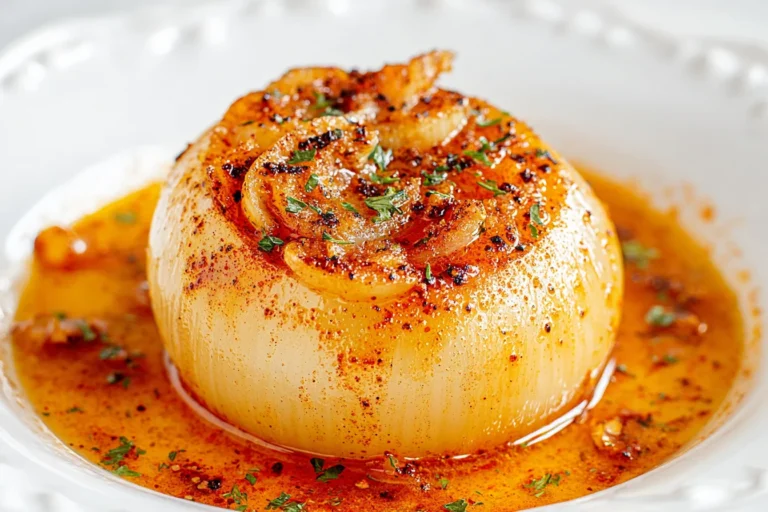 Onion Boil (Viral TikTok Recipe) roasted sweet onion in Cajun butter sauce, tender caramelized layers topped with parsley