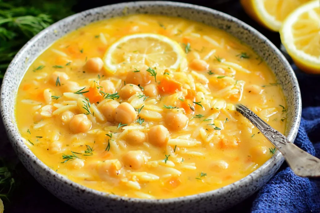 Bowl of Lemon Chickpea Orzo Soup with tender orzo, chickpeas, carrots, fresh herbs, and a lemon slice in creamy broth.
