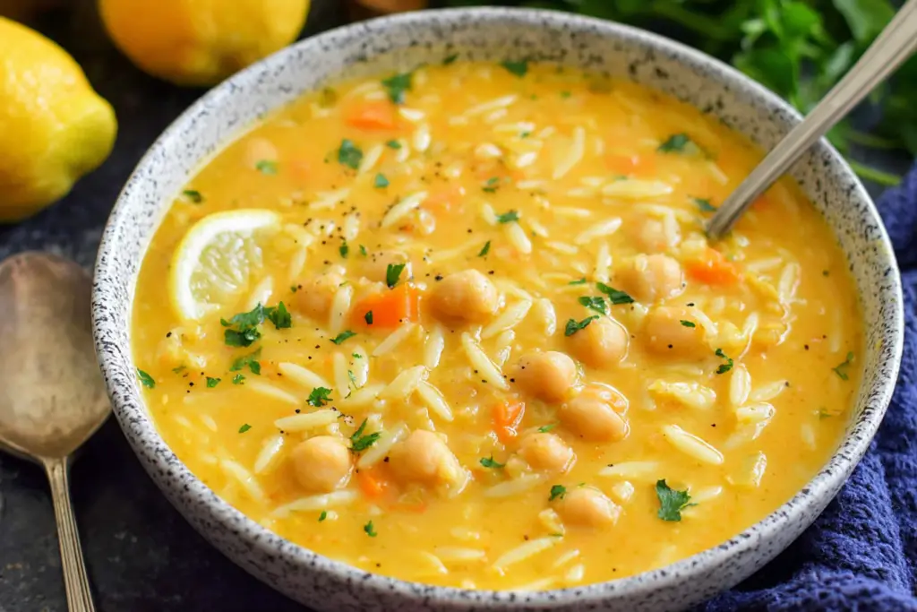 Close-up bowl of Lemon Chickpea Orzo Soup with chickpeas, orzo pasta, carrots, herbs, black pepper, and a lemon slice in creamy broth.