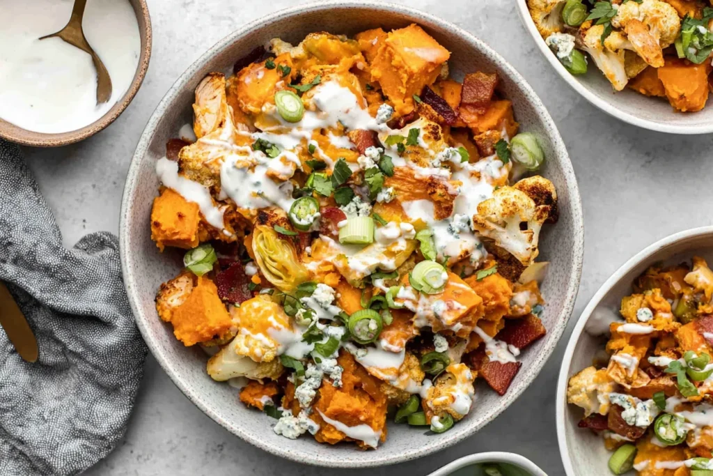 Buffalo Chicken Sweet Potato Casserole served in a bowl with roasted sweet potatoes, chicken, veggies, crumbled blue cheese, green onion, and ranch drizzle.