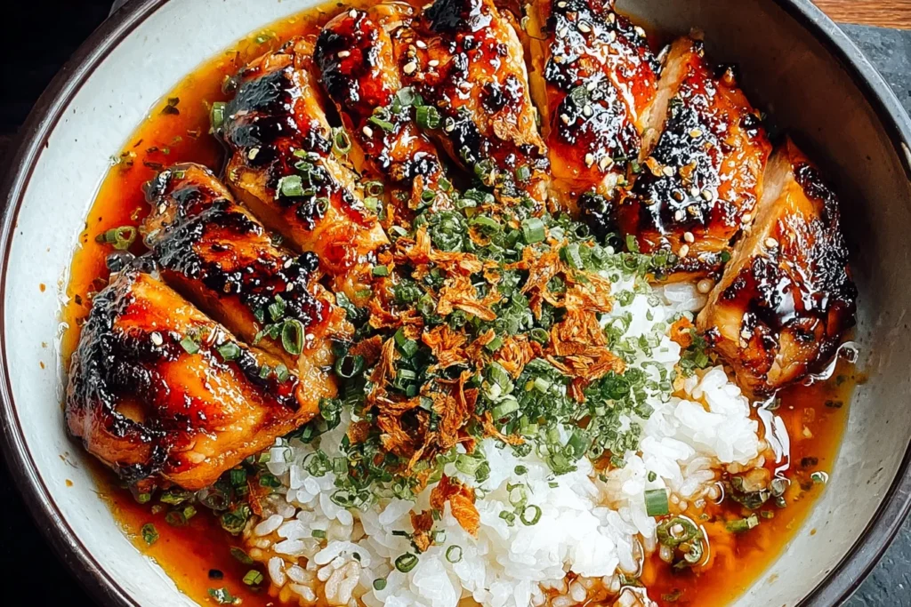 Caramelized Soy Chicken in Garlic Ginger Broth with Rice served in a bowl with glossy soy-glazed chicken, scallions, sesame seeds, and fluffy white rice.