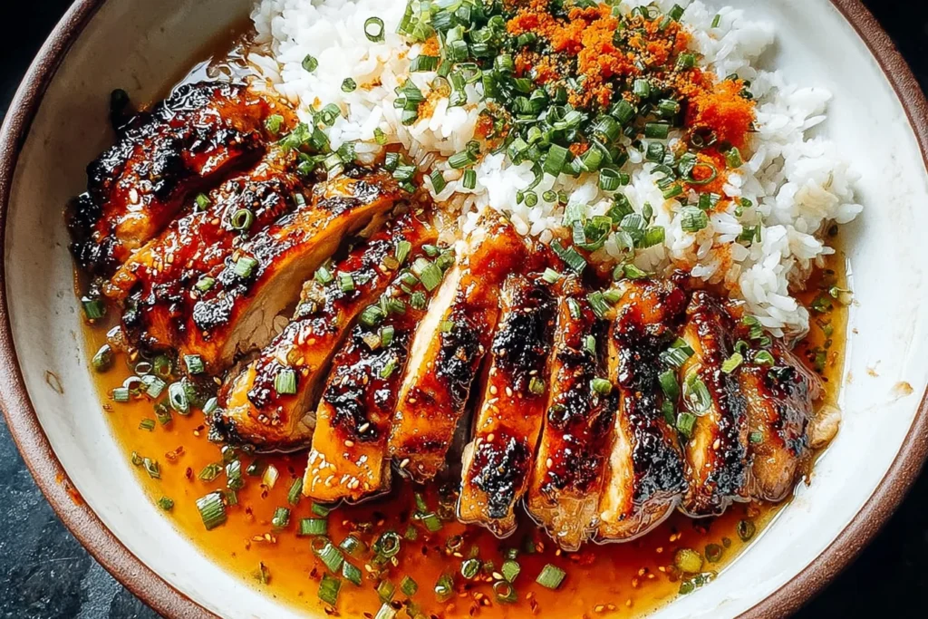 Caramelized Soy Chicken in Garlic Ginger Broth with Rice in a bowl, featuring sliced soy-glazed chicken, fluffy white rice, scallions, and sesame.