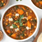 Vegan Moroccan Stew in a white bowl with chickpeas, lentils, sweet potatoes, carrots, greens, and herbs, served with warm flatbread.