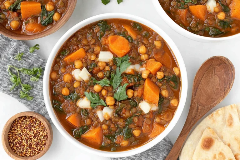 Vegan Moroccan Stew in a white bowl with chickpeas, lentils, sweet potatoes, carrots, greens, and herbs, served with warm flatbread.