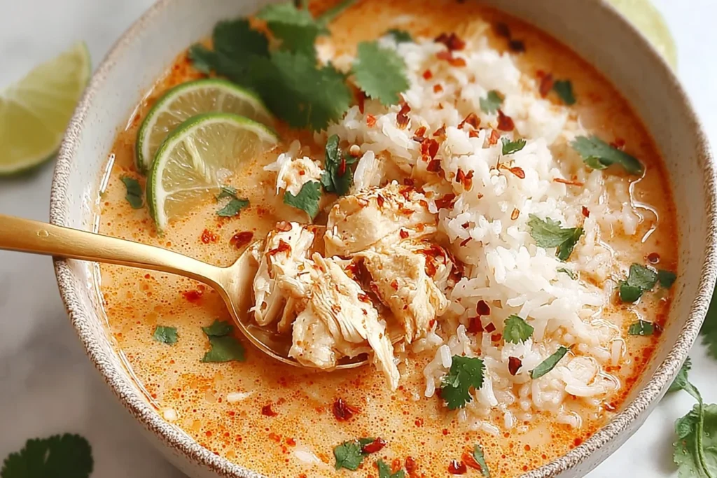 Coconut Chicken Brothy Rice in a creamy coconut curry broth with shredded chicken, jasmine rice, cilantro, red pepper flakes, and lime slices.