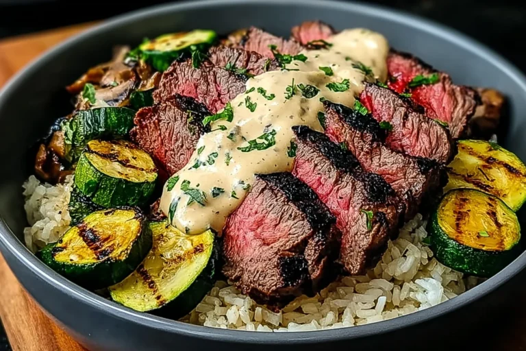 Grilled Steak Bowl with Zucchini topped with creamy herb sauce over rice, featuring juicy sliced steak and charred zucchini coins.