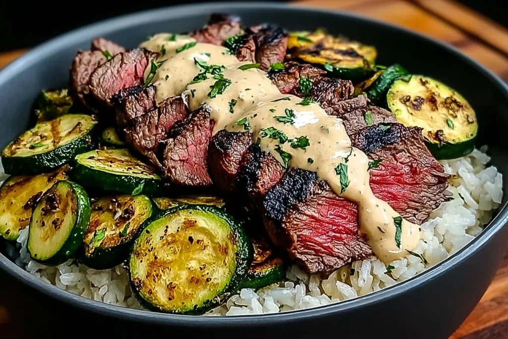 Grilled Steak Bowl with Zucchini served over fluffy rice with charred zucchini slices, juicy grilled steak, and creamy herb sauce on top.