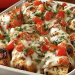 Bruschetta Chicken Bake topped with melted mozzarella, cherry tomatoes, and fresh basil in a white baking dish.