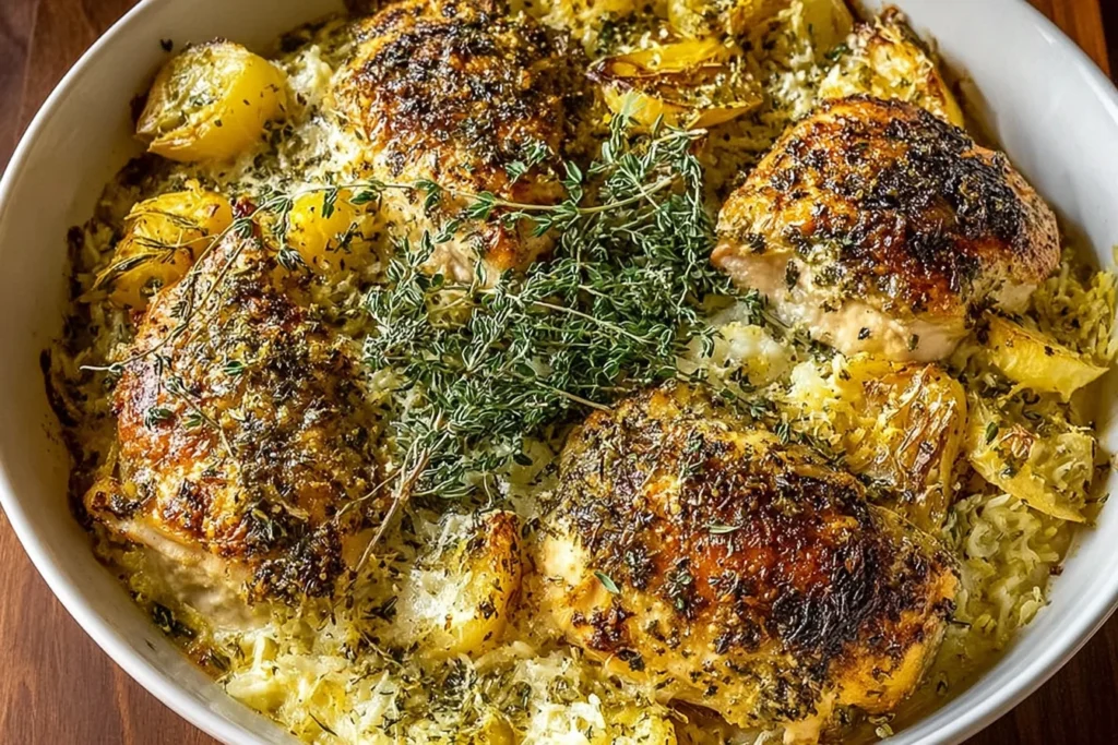 Baked Herb Chicken Casserole with golden-browned herb chicken thighs, creamy rice, and tender potatoes in a white baking dish.