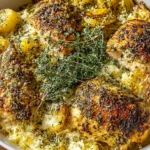 Baked Herb Chicken Casserole with golden-browned herb chicken thighs, creamy rice, and tender potatoes in a white baking dish.