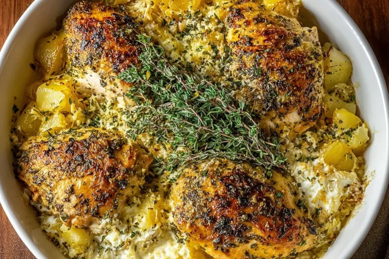 Baked Herb Chicken Casserole in a white baking dish with golden-browned herb chicken and tender potatoes in a creamy sauce.