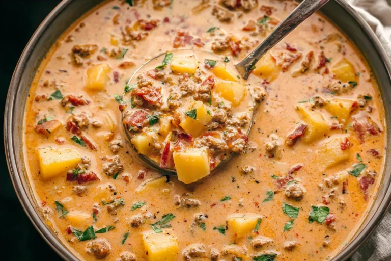Creamy Tuscan Sausage and Potato Soup in a pot with a ladle, showing tender potato chunks, Italian sausage, and herbs.