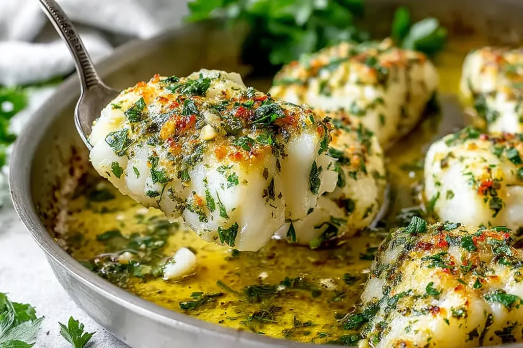 Spoon lifting flaky Gluten Free Mediterranean Baked Cod from lemon garlic olive oil sauce with parsley and red pepper flakes.