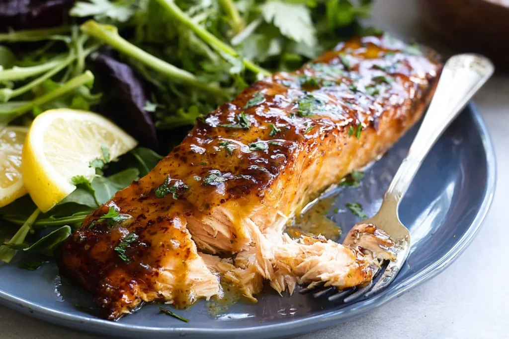 Air Fryer Honey Mustard Salmon fillet glazed and flaky on a plate with lemon wedge, fresh greens, and herbs.