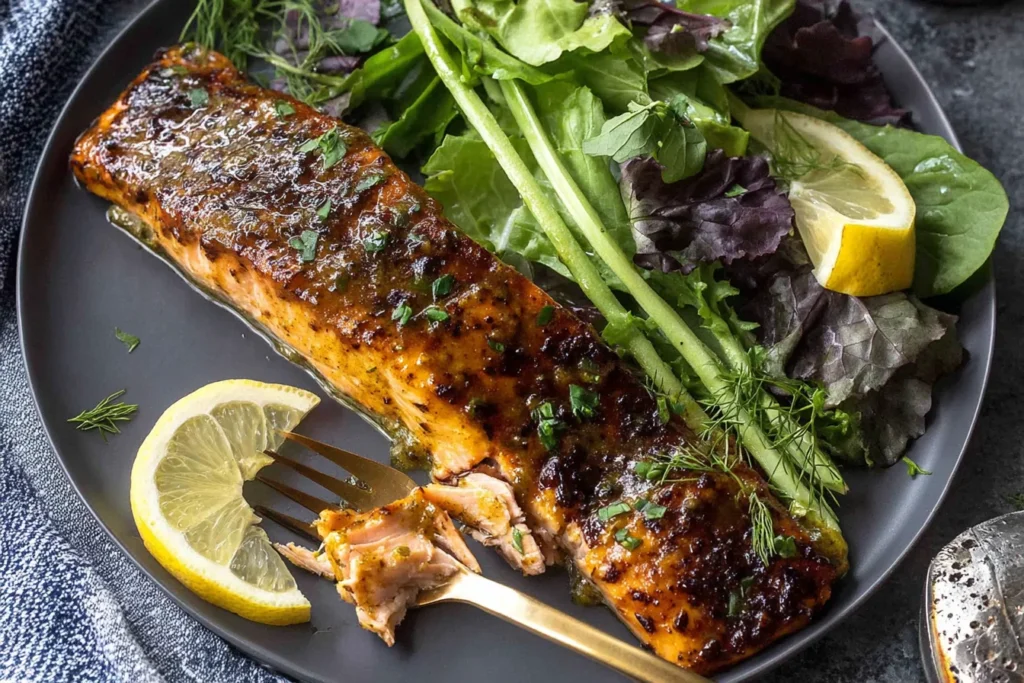 Air Fryer Honey Mustard Salmon glazed and caramelized on a dark plate with mixed greens, fresh herbs, and lemon wedges.