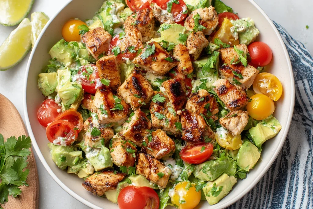 Avocado Chicken Salad in a white bowl with seared chicken bites, creamy avocado chunks, red and yellow cherry tomatoes, fresh cilantro, and a zesty lime dressing.