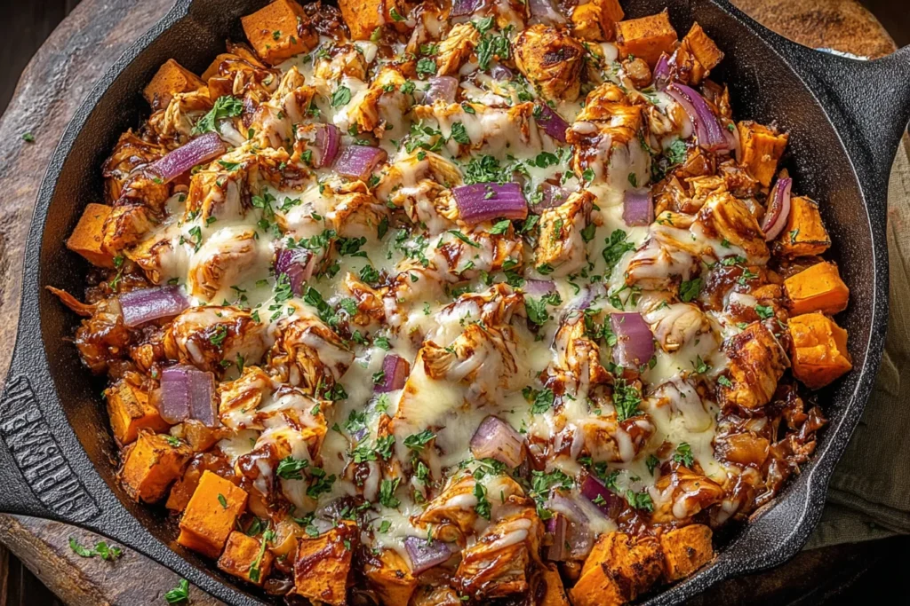 BBQ Chicken Sweet Potato Skillet in a cast-iron skillet with melty cheese, BBQ sauce, red onion, and diced sweet potatoes