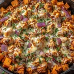 BBQ Chicken Sweet Potato Skillet in a cast-iron skillet with melty cheese, BBQ sauce, red onion, and diced sweet potatoes