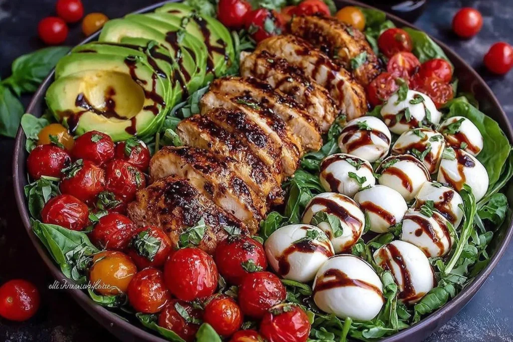 Baked Marinated Chicken Salad with Mozzarella and Balsamic Vinaigrette in a bowl with sliced avocado, cherry tomatoes, arugula, basil, and balsamic drizzle.