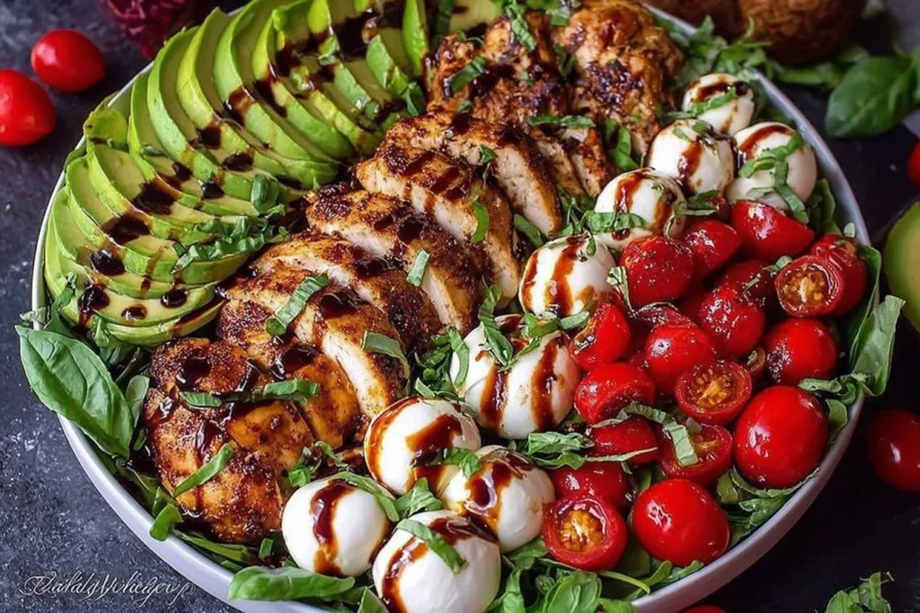 Baked Marinated Chicken Salad with Mozzarella and Balsamic Vinaigrette topped with sliced avocado, cherry tomatoes, fresh basil, and balsamic drizzle.