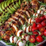 Baked Marinated Chicken Salad with Mozzarella and Balsamic Vinaigrette topped with sliced avocado, cherry tomatoes, fresh basil, and balsamic drizzle.
