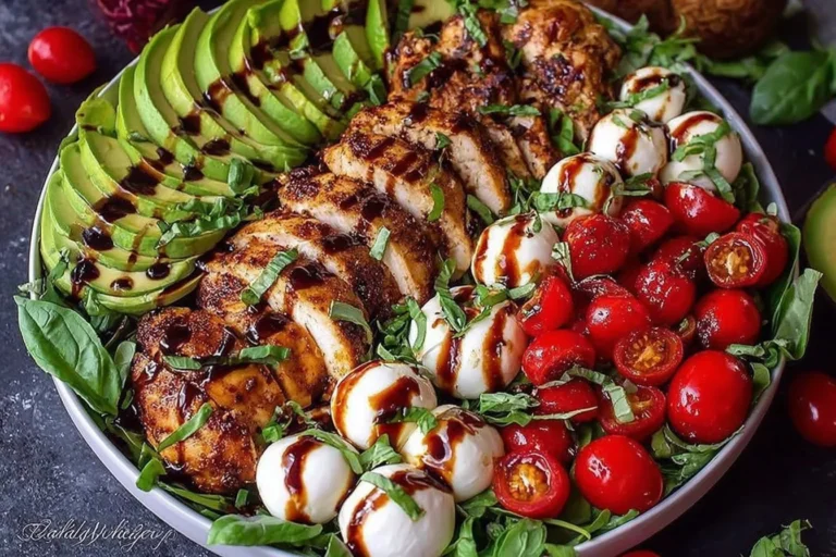 Baked Marinated Chicken Salad with Mozzarella and Balsamic Vinaigrette topped with sliced avocado, cherry tomatoes, fresh basil, and balsamic drizzle.