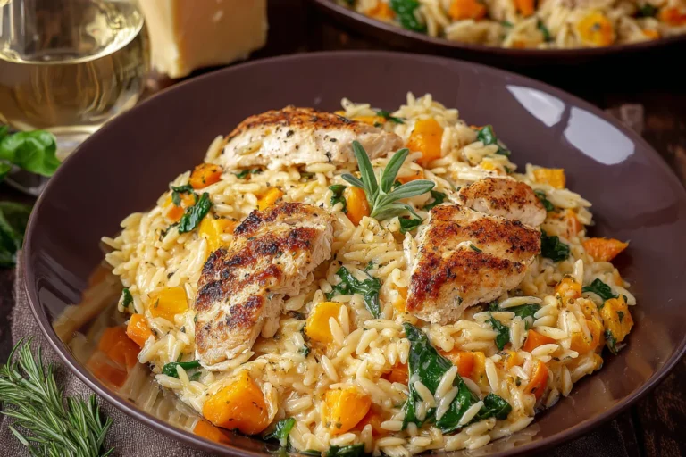 Boursin Orzo Bake with Chicken and Veggies in a bowl—creamy orzo with seared chicken, spinach, and roasted squash, garnished with fresh herbs.