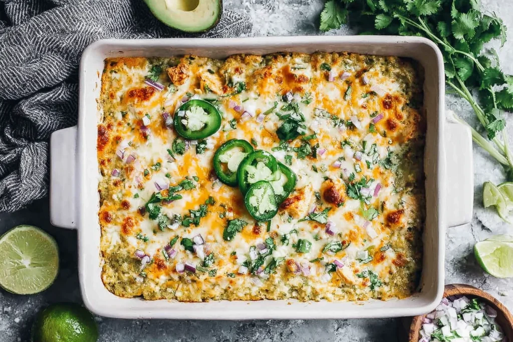Salsa Verde Chicken Casserole baked in a white dish with melted cheese, salsa verde sauce, jalapeño slices, cilantro, and diced red onion.