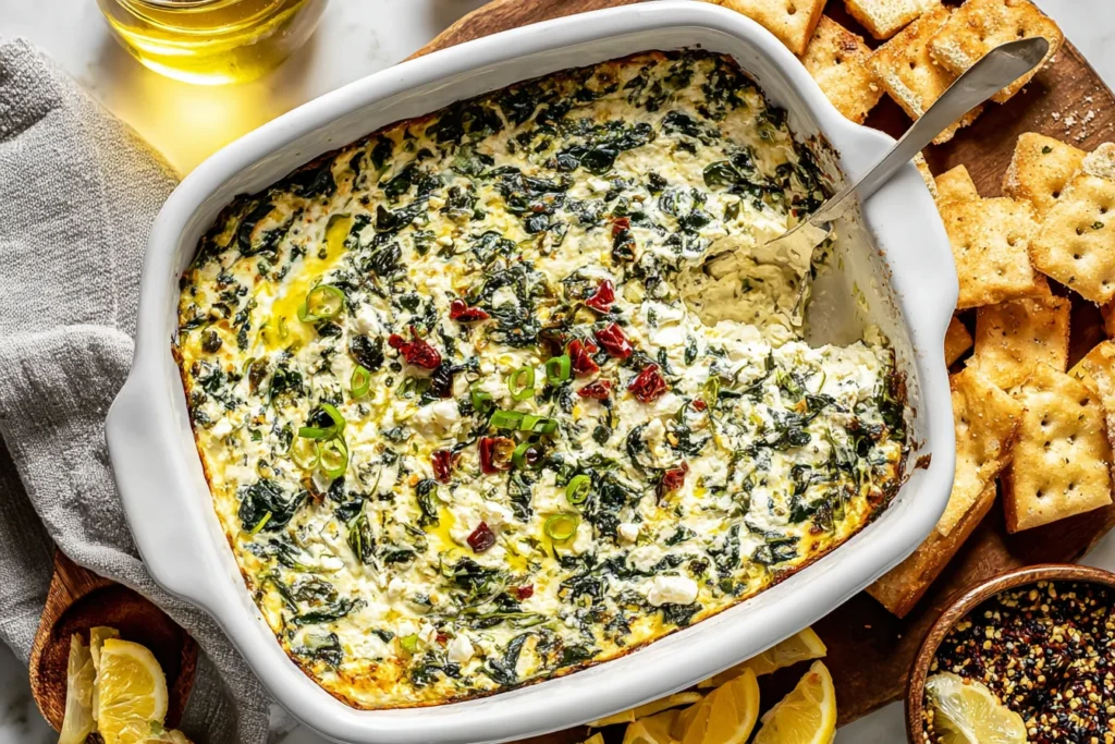 Spinach and Pepperoncini Baked Feta Dip in a white baking dish, golden and bubbly with crackers on the side.