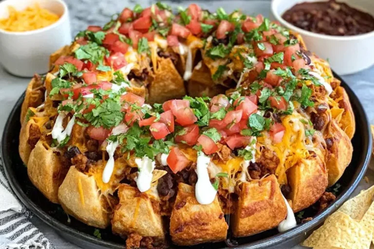 Bundt Pan Nachos loaded with melted cheese, seasoned beef, black beans, diced tomatoes, cilantro, and sour cream in a ring shape.
