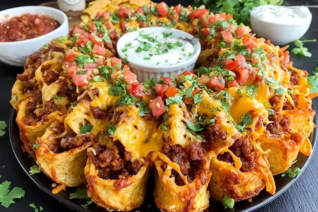 Bundt Pan Nachos baked into a golden ring with melted cheddar, taco-seasoned beef, diced tomatoes, cilantro, and a creamy dip in the center.