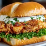 Cajun Crispy Chicken Sandwich with Garlic Aioli on a toasted brioche bun with crispy fried chicken, lettuce, and creamy sauce.