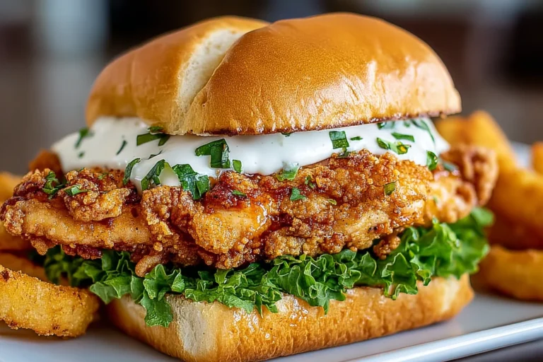 Cajun Crispy Chicken Sandwich with Garlic Aioli on a toasted brioche bun with crispy fried chicken, lettuce, and creamy sauce.