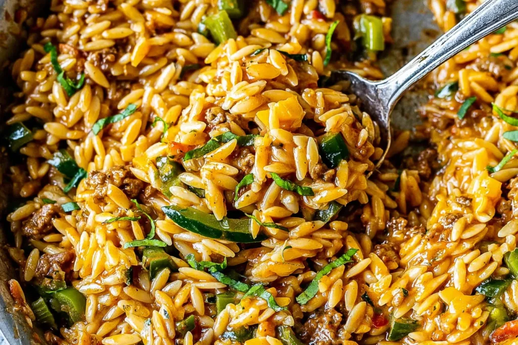 Spoonful of Cajun Dirty Orzo—cheesy, spicy one-pan orzo with ground beef, bell peppers, and herbs in a rich Cajun sauce.