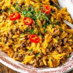 Cajun Dirty Orzo with ground beef, melty cheddar, fresh herbs, and sliced red jalapeños on top.