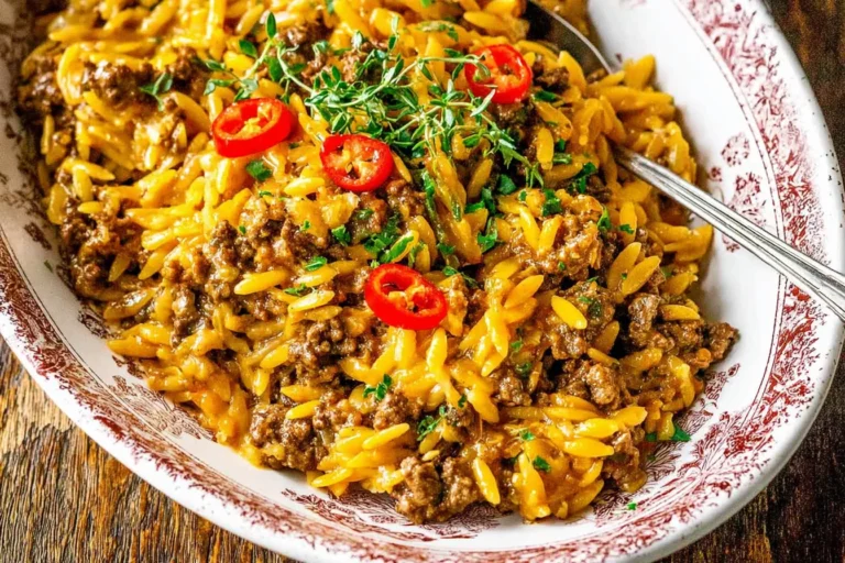 Cajun Dirty Orzo with ground beef, melty cheddar, fresh herbs, and sliced red jalapeños on top.