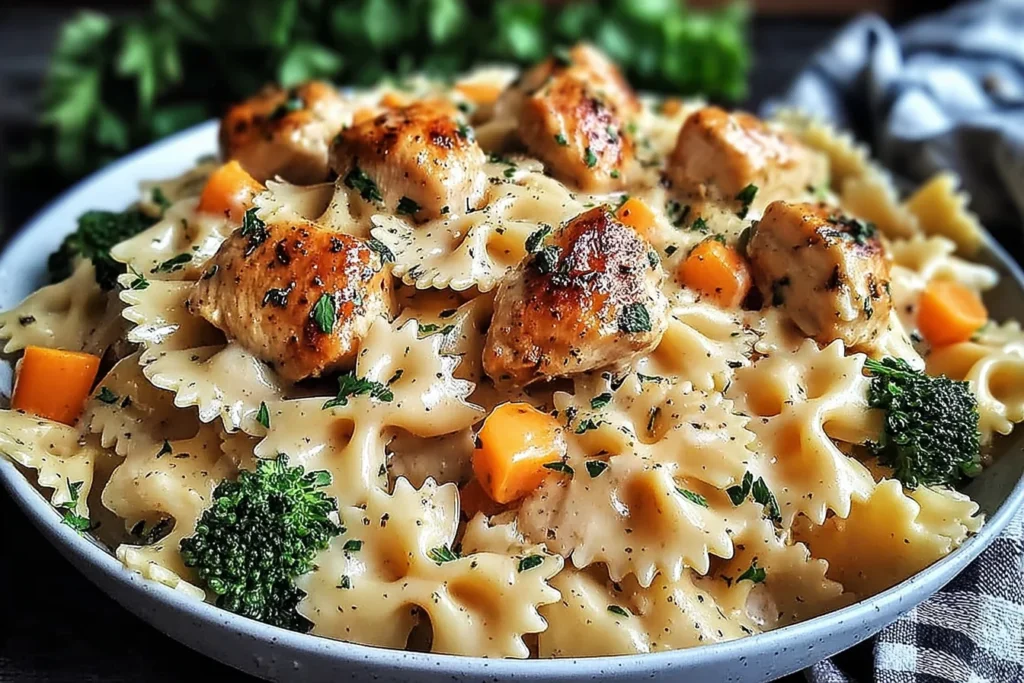 Cheddar and Havarti Chicken Bowtie Pasta in creamy cheese sauce with golden-browned chicken, broccoli florets, and diced carrots, sprinkled with parsley.