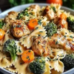 Cheddar and Havarti Chicken Bowtie Pasta in a bowl with creamy cheese sauce, seared chicken, roasted broccoli and carrots, topped with parsley.