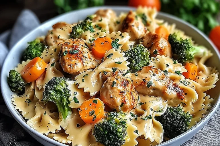 Cheddar and Havarti Chicken Bowtie Pasta in a bowl with creamy cheese sauce, seared chicken, roasted broccoli and carrots, topped with parsley.