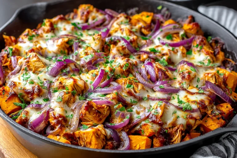 BBQ Chicken Sweet Potato Skillet with melted cheese, red onions, and herbs in a cast-iron pan