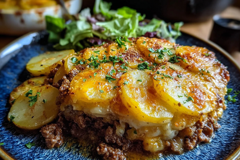 Slice of Beef and Potato Casserole on a plate with golden potato rounds, cheesy topping, and savory ground beef, garnished with parsley.