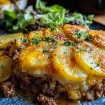 Slice of Beef and Potato Casserole on a plate with golden potato rounds, cheesy topping, and savory ground beef, garnished with parsley.