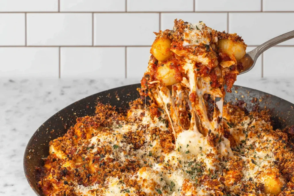 Chicken Parmesan Gnocchi pulled from a skillet with gooey mozzarella cheese stretch, marinara sauce, tender chicken, and a crispy Parmesan breadcrumb topping.