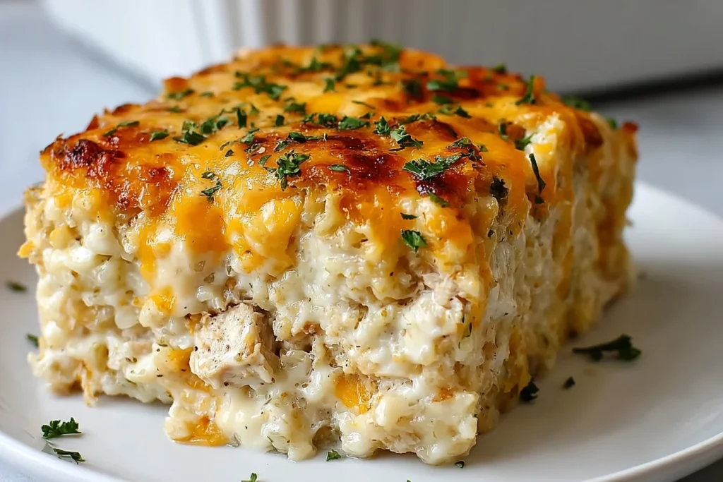 Cheesy Chicken Riced Cauliflower Casserole slice with golden melted cheddar, creamy chicken and cauliflower rice, topped with parsley on a white plate.