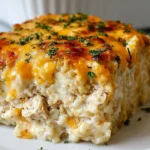 Cheesy Chicken Riced Cauliflower Casserole slice with golden melted cheddar, creamy chicken and cauliflower rice, topped with parsley on a white plate.