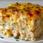 Cheesy Chicken Riced Cauliflower Casserole slice with browned cheesy topping, creamy cauliflower rice and tender chicken, garnished with herbs on a plate.