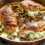 Cheesy Garlic Butter Mushroom Stuffed Chicken cooked in a creamy garlic Parmesan sauce with sautéed mushrooms, golden-seared chicken breasts, and melted cheese in a skillet.