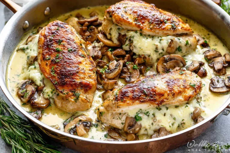 Cheesy Garlic Butter Mushroom Stuffed Chicken cooked in a creamy garlic Parmesan sauce with sautéed mushrooms, golden-seared chicken breasts, and melted cheese in a skillet.